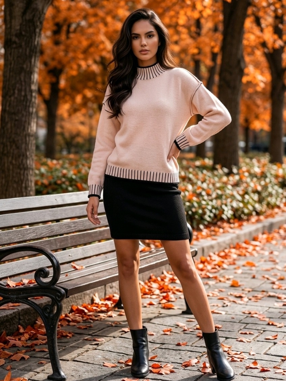 Cream Crewneck Sweater with Black Trim - Women's Sweater - Picture 9 of 15